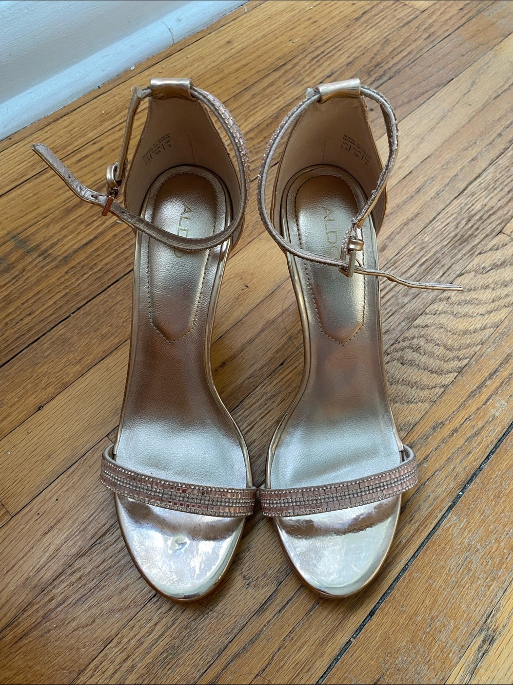 ALDO Rose Gold Ankle-Strap Heels with Rhinestone Toe Strap
